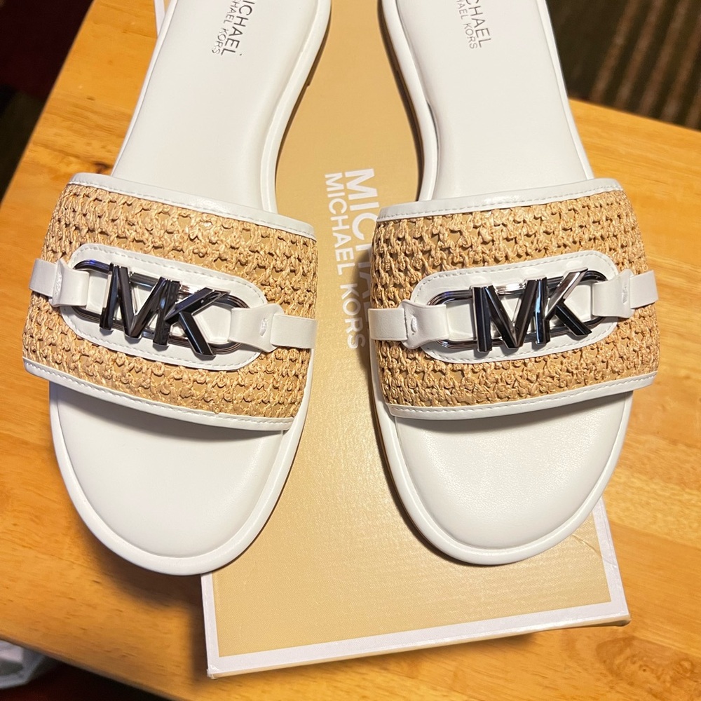 Michael Kors White and Tan Slide Sandals with Braided Strap
